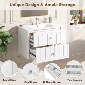 English Elm 30" Wall Mounted Bathroom Vanity Mdf Pine Cabinet Ceramic Sink Soft Close Storage White N710P426312K