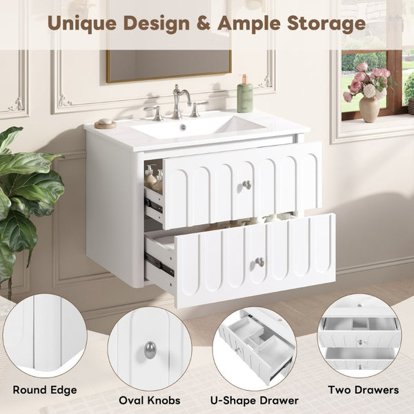 English Elm 30" Wall Mounted Bathroom Vanity Mdf Pine Cabinet Ceramic Sink Soft Close Storage White N710P426312K