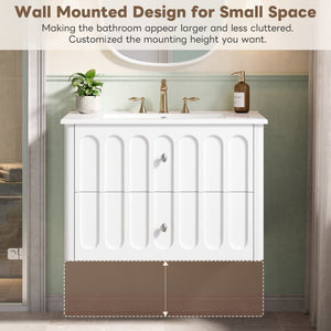 English Elm 30" Wall Mounted Bathroom Vanity Mdf Pine Cabinet Ceramic Sink Soft Close Storage White N710P426312K