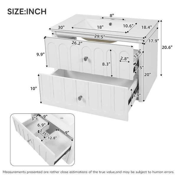 English Elm 30" Wall Mounted Bathroom Vanity Mdf Pine Cabinet Ceramic Sink Soft Close Storage White N710P426312K