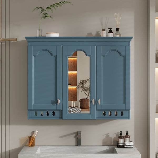 English Elm 35 Inch Carved Openwork Wall Cabinet with Arched Doors and Mirror for Bathroom Bedroom Blue N710P439545C