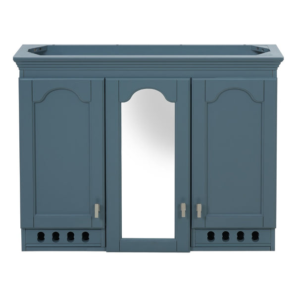 English Elm 35 Inch Carved Openwork Wall Cabinet with Arched Doors and Mirror for Bathroom Bedroom Blue N710P439545C