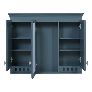 English Elm 35 Inch Carved Openwork Wall Cabinet with Arched Doors and Mirror for Bathroom Bedroom Blue N710P439545C