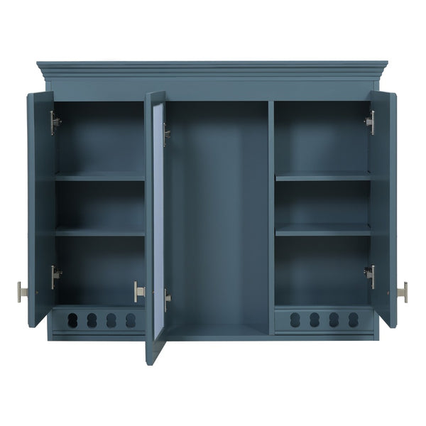 English Elm 35 Inch Carved Openwork Wall Cabinet with Arched Doors and Mirror for Bathroom Bedroom Blue N710P439545C