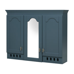 English Elm 35 Inch Carved Openwork Wall Cabinet with Arched Doors and Mirror for Bathroom Bedroom Blue N710P439545C