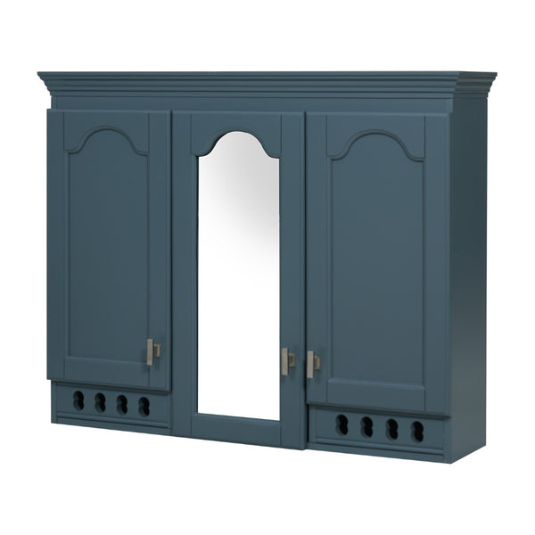 English Elm 35 Inch Carved Openwork Wall Cabinet with Arched Doors and Mirror for Bathroom Bedroom Blue N710P439545C