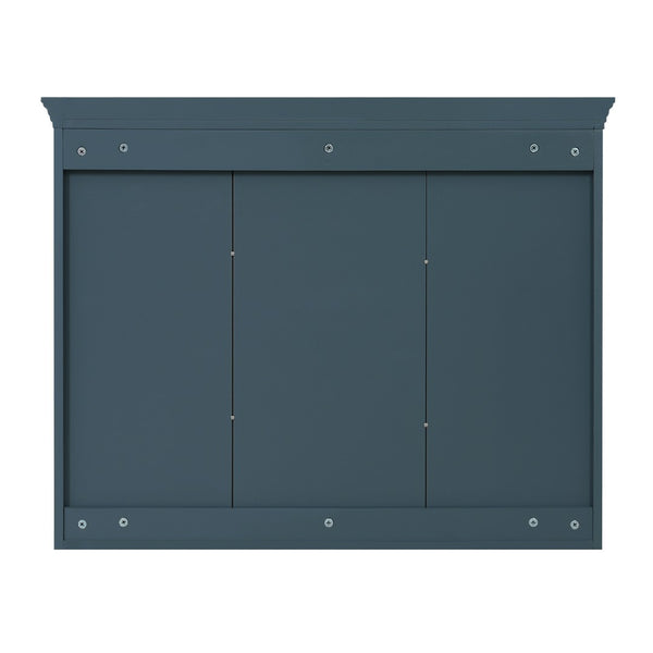 English Elm 35 Inch Carved Openwork Wall Cabinet with Arched Doors and Mirror for Bathroom Bedroom Blue N710P439545C