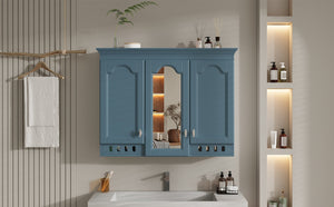 English Elm 35 Inch Carved Openwork Wall Cabinet with Arched Doors and Mirror for Bathroom Bedroom Blue N710P439545C
