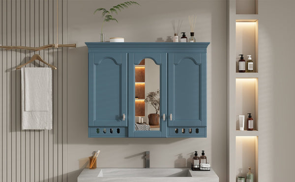 English Elm 35 Inch Carved Openwork Wall Cabinet with Arched Doors and Mirror for Bathroom Bedroom Blue N710P439545C
