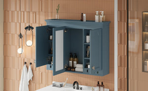 English Elm 35 Inch Carved Openwork Wall Cabinet with Arched Doors and Mirror for Bathroom Bedroom Blue N710P439545C