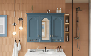 English Elm 35 Inch Carved Openwork Wall Cabinet with Arched Doors and Mirror for Bathroom Bedroom Blue N710P439545C