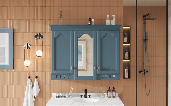 English Elm 35 Inch Carved Openwork Wall Cabinet with Arched Doors and Mirror for Bathroom Bedroom Blue N710P439545C