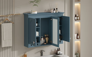 English Elm 35 Inch Carved Openwork Wall Cabinet with Arched Doors and Mirror for Bathroom Bedroom Blue N710P439545C