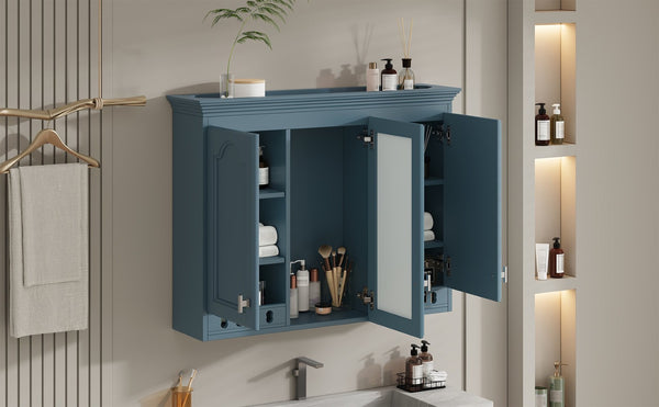English Elm 35 Inch Carved Openwork Wall Cabinet with Arched Doors and Mirror for Bathroom Bedroom Blue N710P439545C