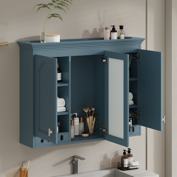 English Elm 35 Inch Carved Openwork Wall Cabinet with Arched Doors and Mirror for Bathroom Bedroom Blue N710P439545C