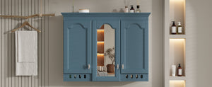 English Elm 35 Inch Carved Openwork Wall Cabinet with Arched Doors and Mirror for Bathroom Bedroom Blue N710P439545C