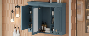 English Elm 35 Inch Carved Openwork Wall Cabinet with Arched Doors and Mirror for Bathroom Bedroom Blue N710P439545C