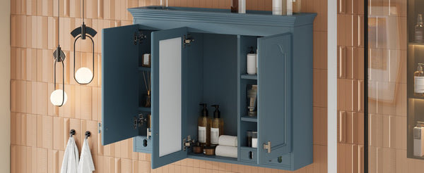 English Elm 35 Inch Carved Openwork Wall Cabinet with Arched Doors and Mirror for Bathroom Bedroom Blue N710P439545C