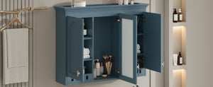 English Elm 35 Inch Carved Openwork Wall Cabinet with Arched Doors and Mirror for Bathroom Bedroom Blue N710P439545C