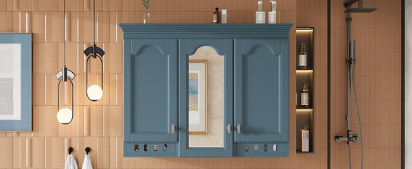 English Elm 35 Inch Carved Openwork Wall Cabinet with Arched Doors and Mirror for Bathroom Bedroom Blue N710P439545C