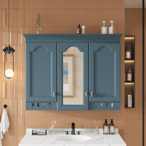 English Elm 35 Inch Carved Openwork Wall Cabinet with Arched Doors and Mirror for Bathroom Bedroom Blue N710P439545C