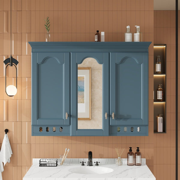 English Elm 35 Inch Carved Openwork Wall Cabinet with Arched Doors and Mirror for Bathroom Bedroom Blue N710P439545C