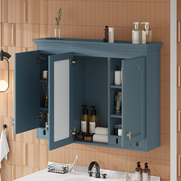 English Elm 35 Inch Carved Openwork Wall Cabinet with Arched Doors and Mirror for Bathroom Bedroom Blue N710P439545C