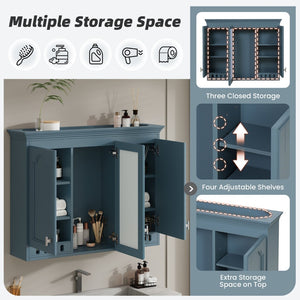 English Elm 35 Inch Carved Openwork Wall Cabinet with Arched Doors and Mirror for Bathroom Bedroom Blue N710P439545C