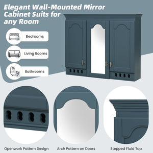 English Elm 35 Inch Carved Openwork Wall Cabinet with Arched Doors and Mirror for Bathroom Bedroom Blue N710P439545C