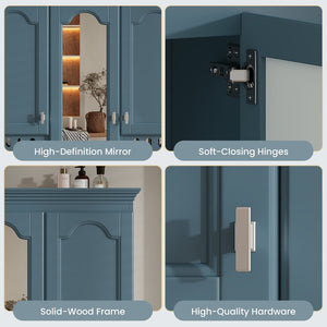 English Elm 35 Inch Carved Openwork Wall Cabinet with Arched Doors and Mirror for Bathroom Bedroom Blue N710P439545C