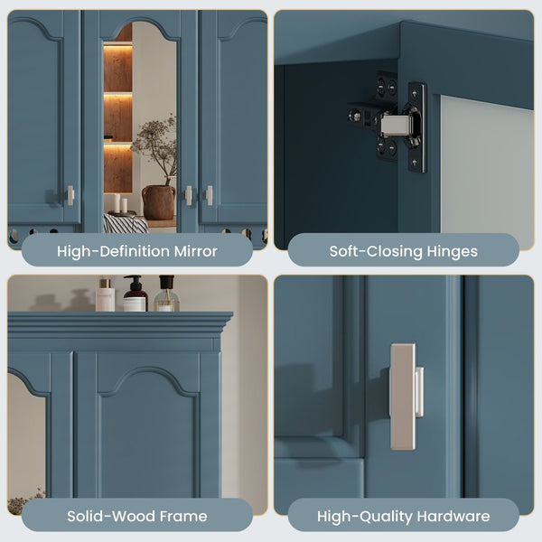 English Elm 35 Inch Carved Openwork Wall Cabinet with Arched Doors and Mirror for Bathroom Bedroom Blue N710P439545C