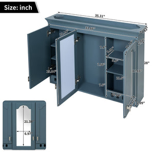 English Elm 35 Inch Carved Openwork Wall Cabinet with Arched Doors and Mirror for Bathroom Bedroom Blue N710P439545C
