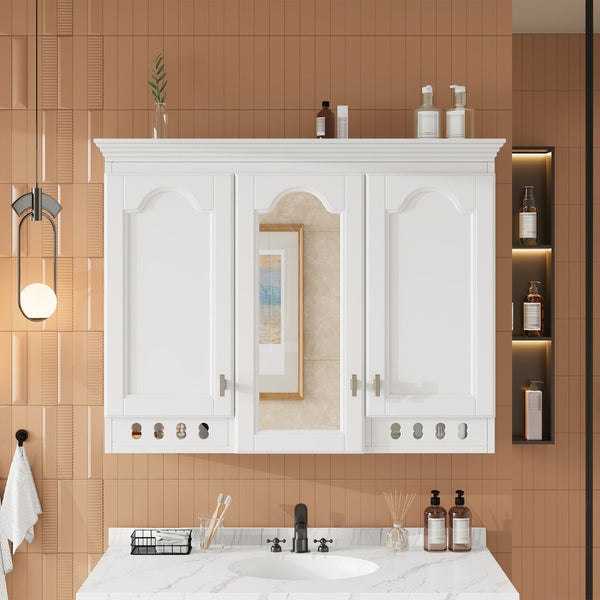English Elm 35 Inch Carved Openwork Wall Cabinet with Arched Doors and Mirror for Bathroom Bedroom White N710P439545K
