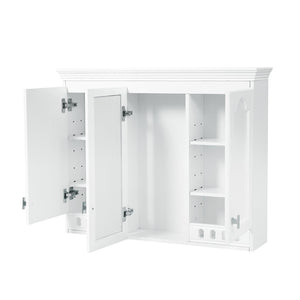 English Elm 35 Inch Carved Openwork Wall Cabinet with Arched Doors and Mirror for Bathroom Bedroom White N710P439545K