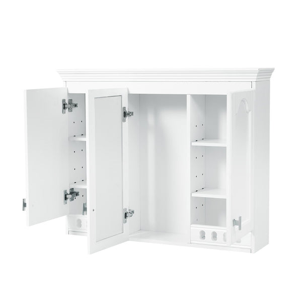 English Elm 35 Inch Carved Openwork Wall Cabinet with Arched Doors and Mirror for Bathroom Bedroom White N710P439545K