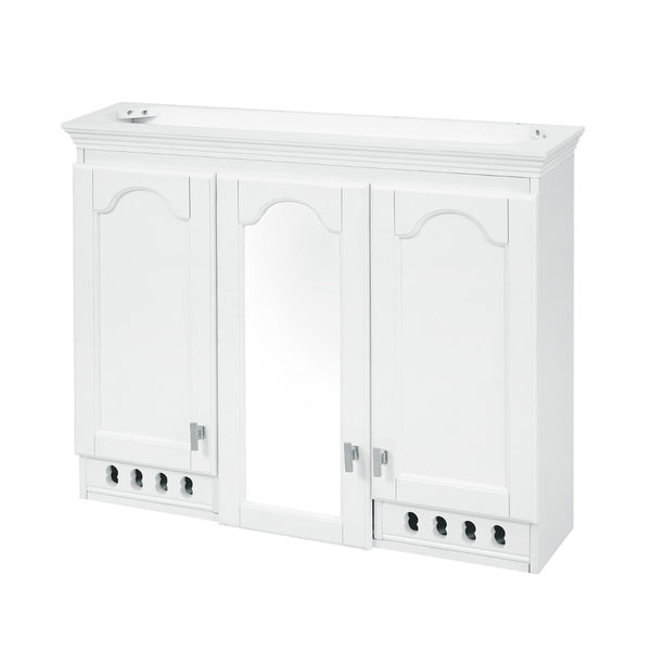 English Elm 35 Inch Carved Openwork Wall Cabinet with Arched Doors and Mirror for Bathroom Bedroom White N710P439545K