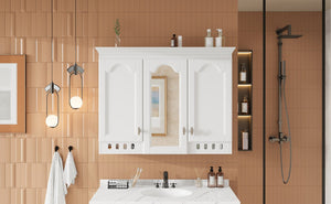 English Elm 35 Inch Carved Openwork Wall Cabinet with Arched Doors and Mirror for Bathroom Bedroom White N710P439545K