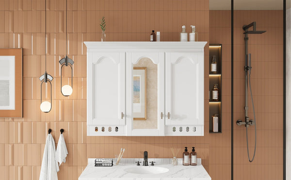English Elm 35 Inch Carved Openwork Wall Cabinet with Arched Doors and Mirror for Bathroom Bedroom White N710P439545K