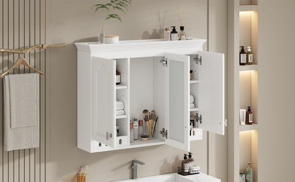 English Elm 35 Inch Carved Openwork Wall Cabinet with Arched Doors and Mirror for Bathroom Bedroom White N710P439545K