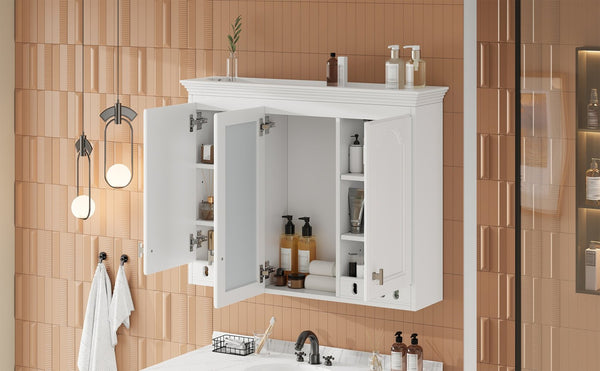 English Elm 35 Inch Carved Openwork Wall Cabinet with Arched Doors and Mirror for Bathroom Bedroom White N710P439545K