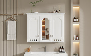 English Elm 35 Inch Carved Openwork Wall Cabinet with Arched Doors and Mirror for Bathroom Bedroom White N710P439545K
