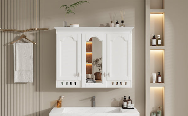 English Elm 35 Inch Carved Openwork Wall Cabinet with Arched Doors and Mirror for Bathroom Bedroom White N710P439545K