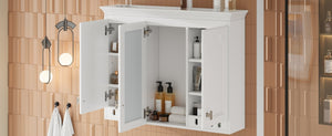 English Elm 35 Inch Carved Openwork Wall Cabinet with Arched Doors and Mirror for Bathroom Bedroom White N710P439545K