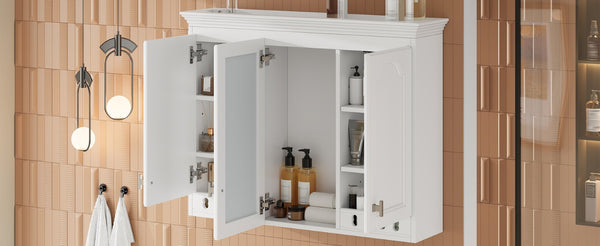 English Elm 35 Inch Carved Openwork Wall Cabinet with Arched Doors and Mirror for Bathroom Bedroom White N710P439545K