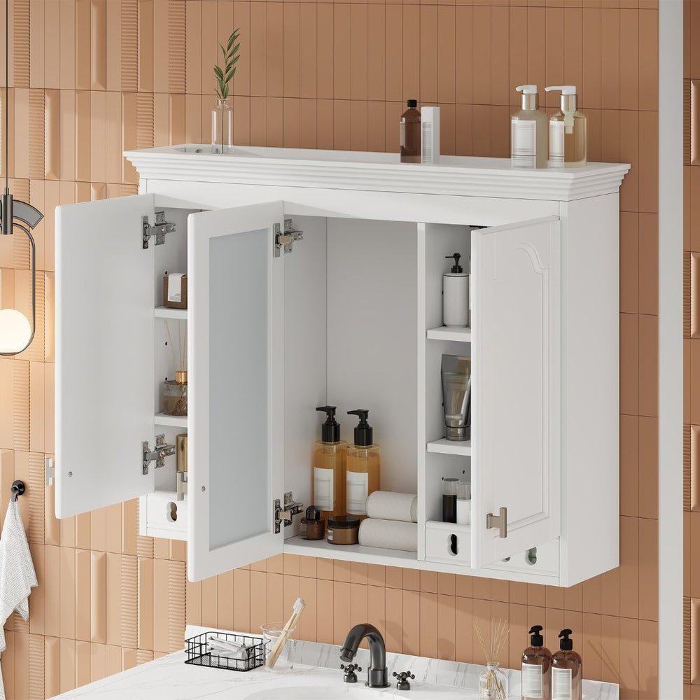 English Elm 35 Inch Carved Openwork Wall Cabinet with Arched Doors and Mirror for Bathroom Bedroom White N710P439545K