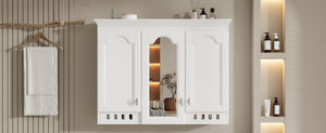 English Elm 35 Inch Carved Openwork Wall Cabinet with Arched Doors and Mirror for Bathroom Bedroom White N710P439545K