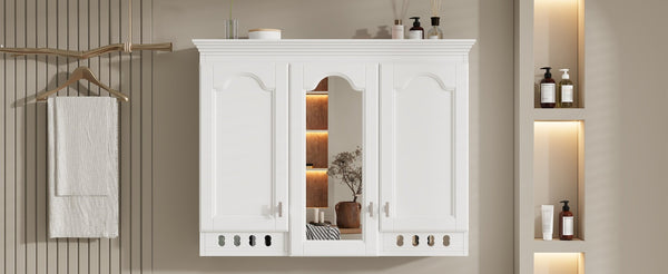 English Elm 35 Inch Carved Openwork Wall Cabinet with Arched Doors and Mirror for Bathroom Bedroom White N710P439545K