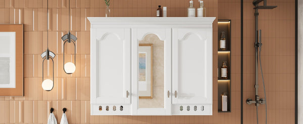 English Elm 35 Inch Carved Openwork Wall Cabinet with Arched Doors and Mirror for Bathroom Bedroom White N710P439545K