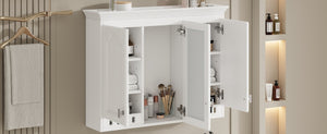 English Elm 35 Inch Carved Openwork Wall Cabinet with Arched Doors and Mirror for Bathroom Bedroom White N710P439545K