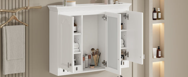 English Elm 35 Inch Carved Openwork Wall Cabinet with Arched Doors and Mirror for Bathroom Bedroom White N710P439545K